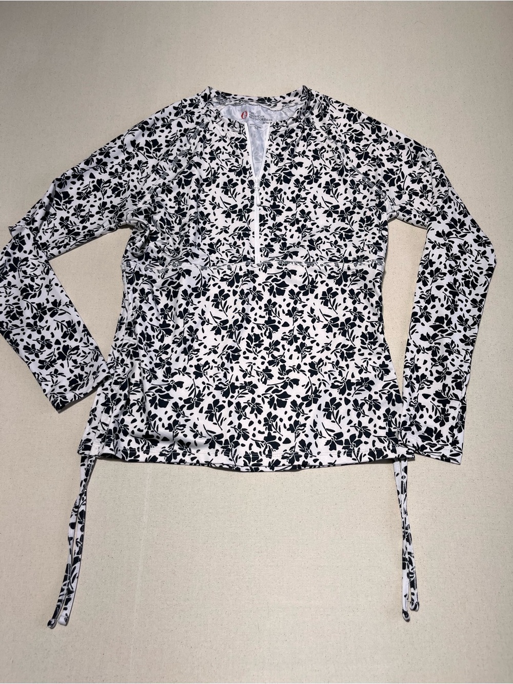 Women's Black & White Floral Long Sleeve Tie-Side Top